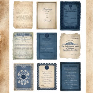 May include: A selection of vintage paper ephemera in blue and cream tones. The collection features aged documents, labels, and cards with decorative borders and handwritten text. The word "INCLUDED" is at the top.