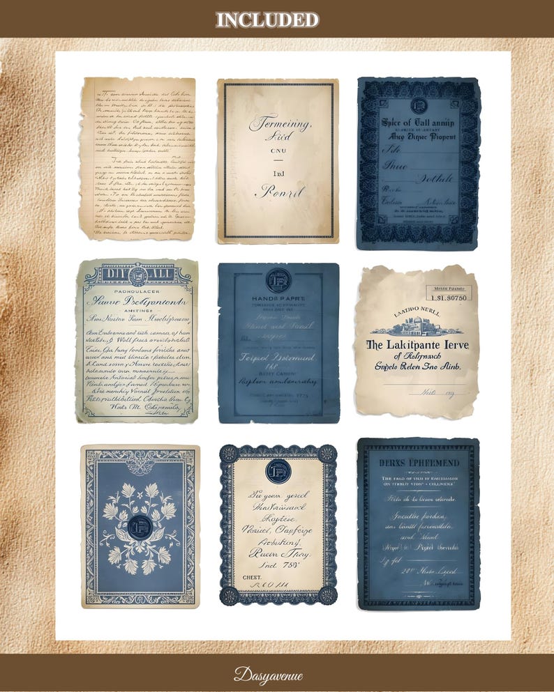 May include: A selection of vintage paper ephemera in blue and cream tones. The collection features aged documents, labels, and cards with decorative borders and handwritten text. The word "INCLUDED" is at the top.