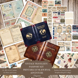 Kit de diário de viagem para impressão com passaportes – itens de viagem vintage, livro de passaportes faça você mesmo, páginas de scrapbooking de aventura