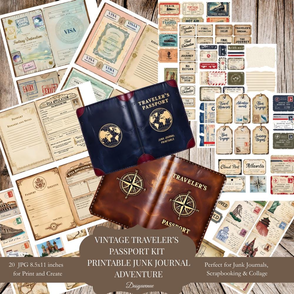 Printable Traveler's Passport Junk Journal Kit – Vintage Travel Ephemera, DIY Passport Book, Adventure Scrapbooking Pages