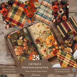 Può includere: Un libro aperto con illustrazioni floreali e diversi fogli di carta digitale con disegni a quadri e floreali. Il testo recita "28 Fall Plaid & Floral Junk Journal Pack" e "Rustic Autumn Digital Papers". I fogli sono 21,6 x 27,9 cm.
