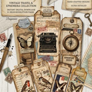Pode incluir: Uma coleção de etiquetas em estilo vintage com temas de viagem e efêmeros. As etiquetas apresentam ilustrações de borboletas, pássaros, uma máquina de escrever, uma bússola e selos. O texto inclui "30 Tall Tags" e "Vintage Travel & Ephemera Collection."