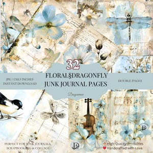 Pagine di diario vintage con fiori blu e libellule, carta per scrapbooking digitale, kit effimero, stampabile shabby chic, collage di musica antica
