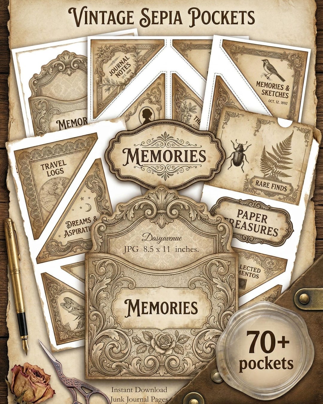 Vintage Sepia Junk Journal Pockets Printable, Shabby Chic Ephemera ...