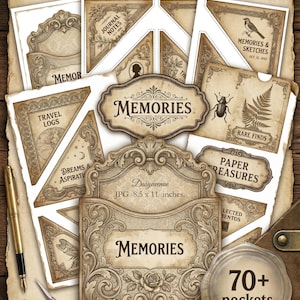 May include: A selection of vintage sepia-toned paper pockets with decorative borders and the word "Memories." The image features labels with text such as "Journal Notes," "Travel Logs," and "Rare Finds." The pockets are 21.6 x 27.9 cm.