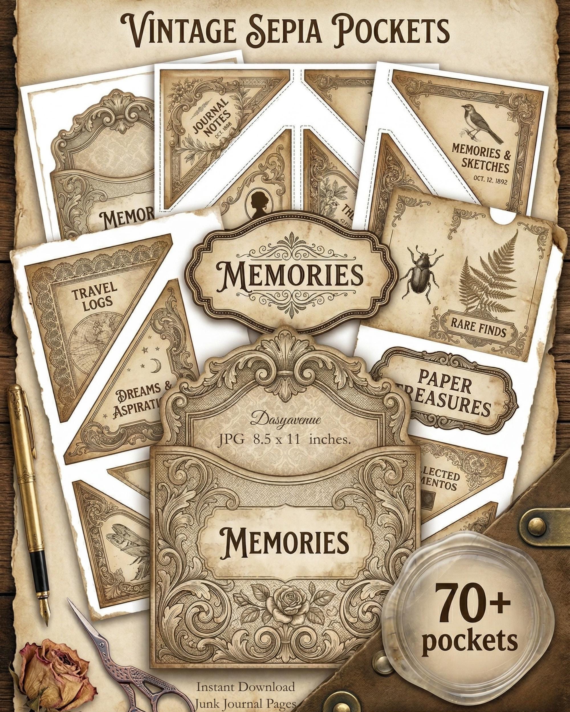 Vintage Sepia Junk Journal Pockets Printable, Shabby Chic Ephemera ...