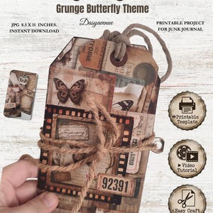 Könnte beinhalten: Ein Vintage-Tag-Ordner mit Grunge-Schmetterling-Thema, mit Bindfaden gebunden. Er enthält verschiedene Papierephemera, darunter Filmstreifen und Etiketten. Der Text "Vintage Tag Folder" und "Grunge Butterfly Theme" ist sichtbar.