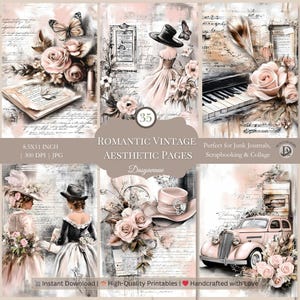 Pages de journal indésirable vintage, esthétique victorienne élégante, éphémères shabby chic, feuilles de collage imprimables, papier de scrapbooking romantique