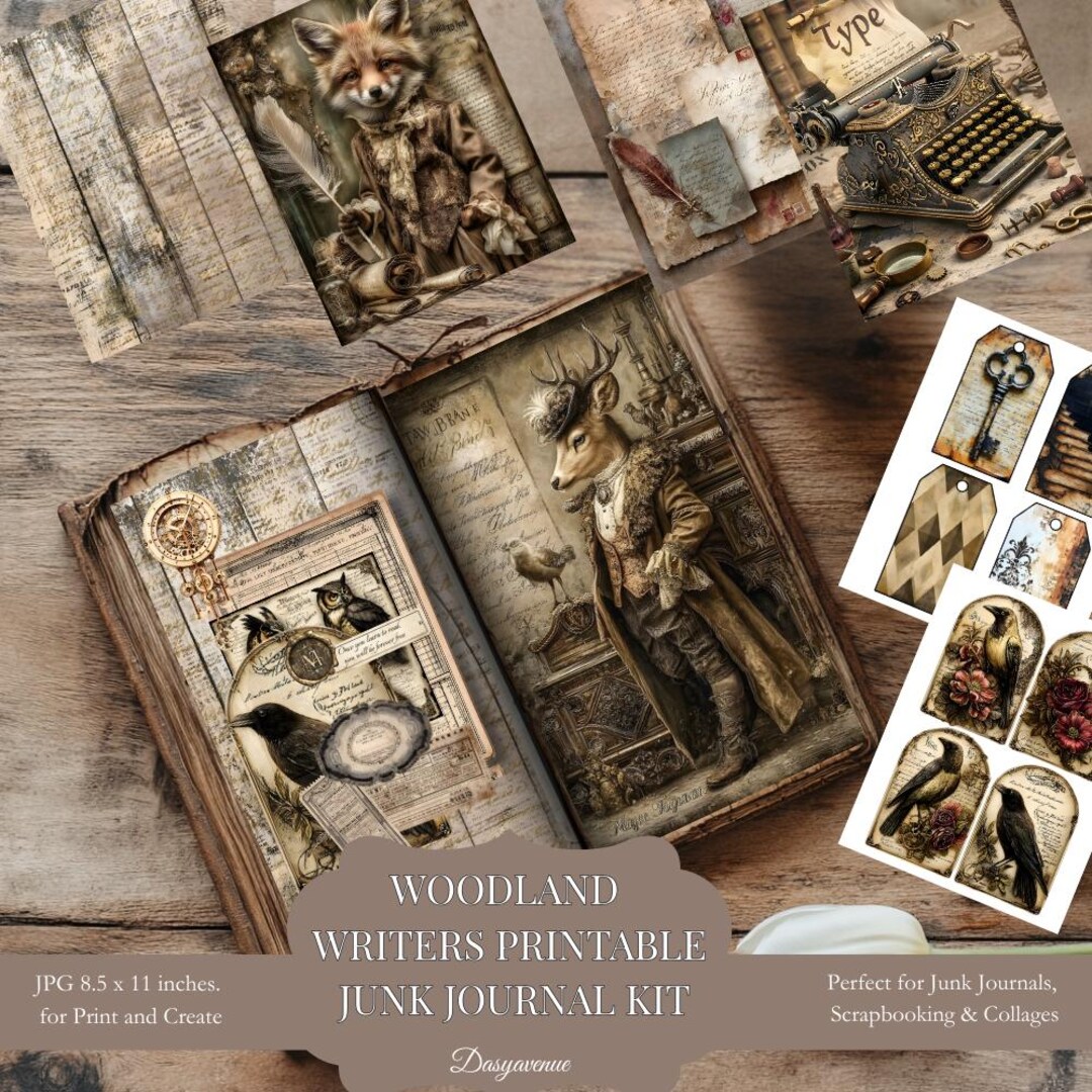 Woodland Writers Printable Junk Journal Kit – Vintage Animals With Books &amp; Ink, Ephemera Pages ...