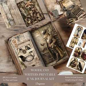 Puede incluir: Un kit de diario basura con temática de bosque, con ilustraciones vintage de un zorro, un ciervo y una máquina de escribir. El kit incluye páginas imprimibles, etiquetas y efímeras, perfecto para scrapbooking y collage. La imagen mide 21,59 x 27,94 cm.