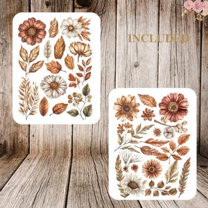 May include: Two sheets of floral stickers featuring watercolor illustrations of autumn flowers and leaves in shades of brown, beige, and green. The word "INCLUDED" is visible in gold lettering.