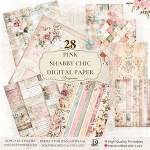 Pagine di diario Shabby Chic Junk / Pagine di effimeri floreali vintage / Carta per album stampabile rosa / Fogli di collage antichi / Materiali per artigianato