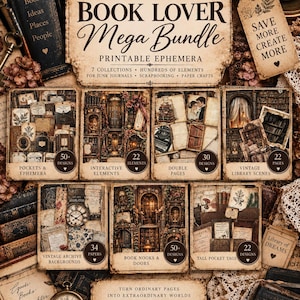 May include: A printable ephemera bundle titled Book Lover Mega Bundle by Dasyavenue, featuring seven collections including vintage archive backgrounds, library scenes, and interactive elements with hundreds of paper craft designs for scrapbooking.