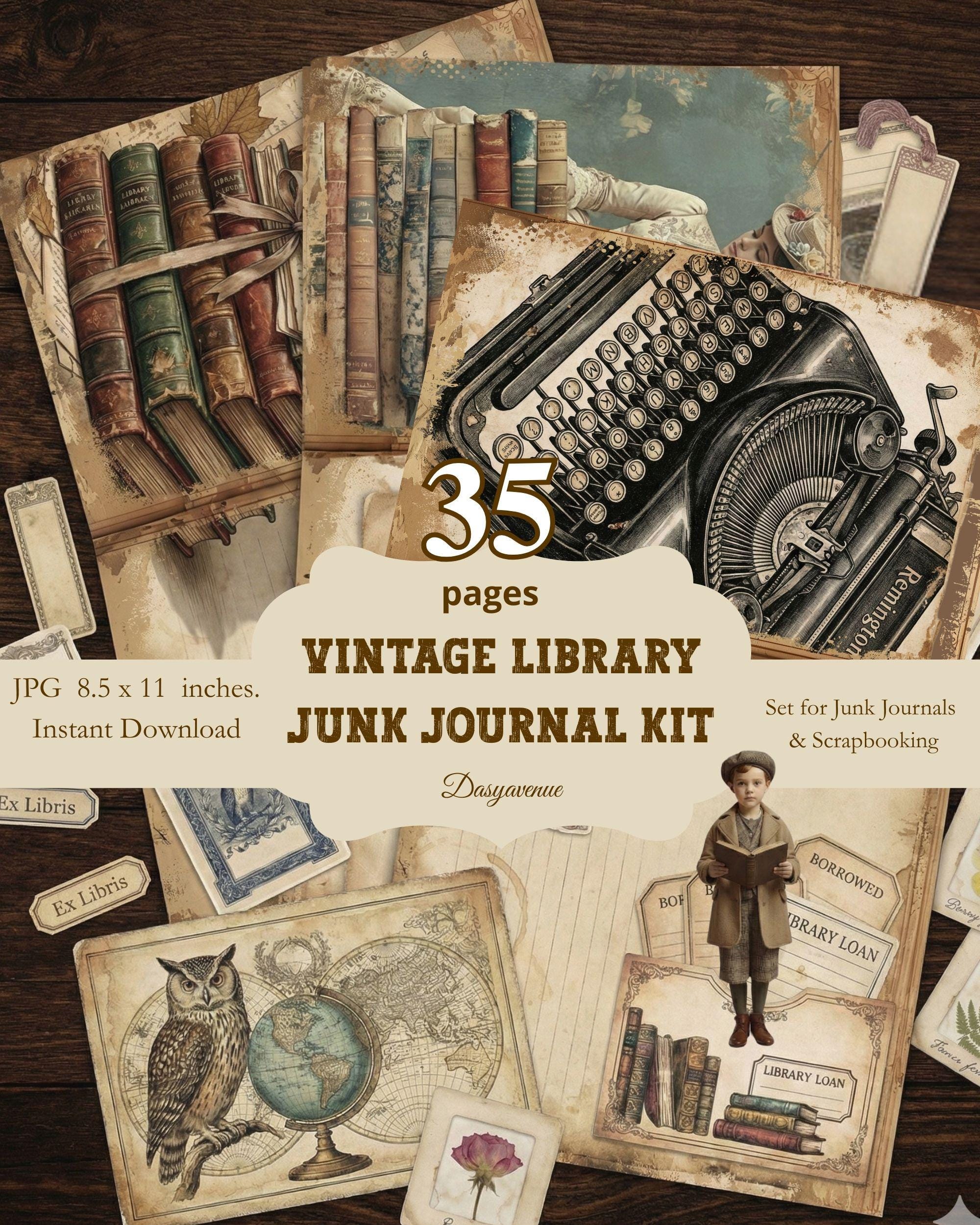 Vintage Library Junk Journal Kit, Dark Academia Digital Paper ...