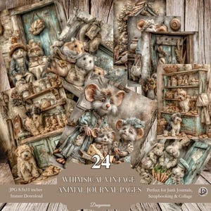 Peut inclure: Ensemble de 24 pages de journal d'animaux vintage fantaisistes. Les pages présentent des illustrations d'animaux anthropomorphes dans un style rustique et antique. Les pages mesurent 21,59 x 27,94 cm et sont parfaites pour les junk journals, le scrapbooking et le collage.