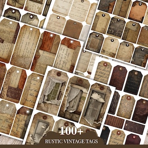 Puede incluir: Una colección de más de 100 etiquetas vintage rústicas. Las etiquetas presentan diseños de efemérides antiguas con texturas de papel envejecido, escritura a mano e ilustraciones de ventanas y puertas.