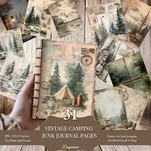 Pack de carnets de camping vintage, 31 pages de forêt imprimables, éphémères rustiques pour le scrapbooking, journal nature, éphémères d'aventures en forêt