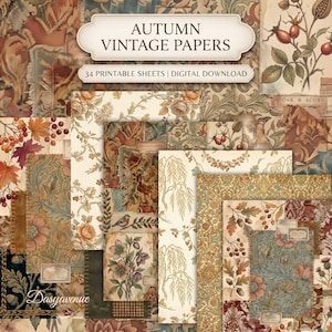 Könnte beinhalten: Eine Sammlung von 34 druckbaren digitalen Blättern mit dem Titel Autumn Vintage Papers, die verschiedene Muster aus botanischen Illustrationen, Blumenmotiven, Herbstblättern, Beeren und strukturierten Hintergründen in Braun-, Orange- und Cremetönen zeigen.