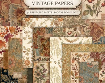 Autumn Vintage Printable Papers, Fall Junk Journal Pack, 34 Scrapbook Pages, Cozy Cottage Ephemera, Printable Backgrounds