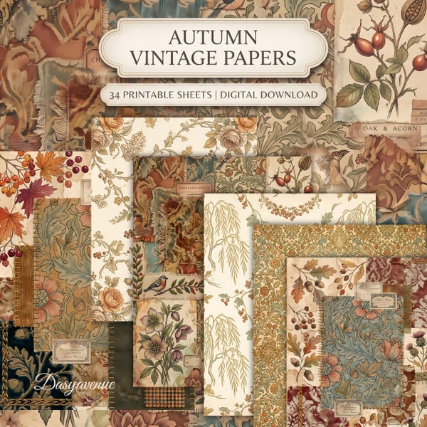 Autumn Vintage Printable Papers, Fall Junk Journal Pack, 34 Scrapbook Pages, Cozy Cottage Ephemera, Printable Backgrounds