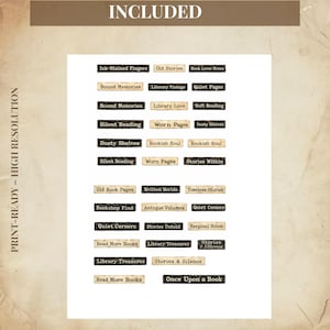 May include: A print-ready sheet featuring various text labels with vintage aesthetics. The labels include phrases like "Old Stories," "Library Love," and "Once Upon a Book." The color palette is primarily beige and brown.