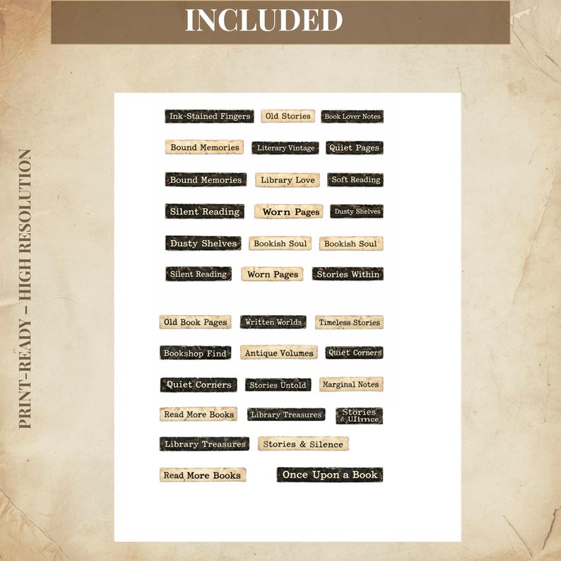 May include: A print-ready sheet featuring various text labels with vintage aesthetics. The labels include phrases like "Old Stories," "Library Love," and "Once Upon a Book." The color palette is primarily beige and brown.