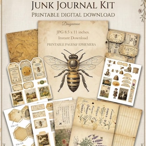 May include: A vintage-themed digital junk journal kit with bee and botanical illustrations. The kit includes printable pages and ephemera, featuring a large bee graphic, tags, and floral elements. The image text says "JPG 8.5 x 11 inches."