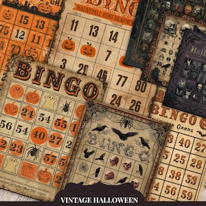 Puede incluir: Una colecci&oacute;n de tarjetas de bingo rectangulares con tem&aacute;tica de Halloween en tonos naranja y negro, con ilustraciones de calabazas, fantasmas, ara&ntilde;as, calaveras y cuervos, con cuadr&iacute;culas que contienen n&uacute;meros y texto como BINGO.