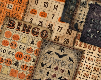 Halloween Bingo Cards Printable, Vintage Spooky Ephemera, Junk Journal Bingo Game, Gothic Halloween Paper, Digital Download