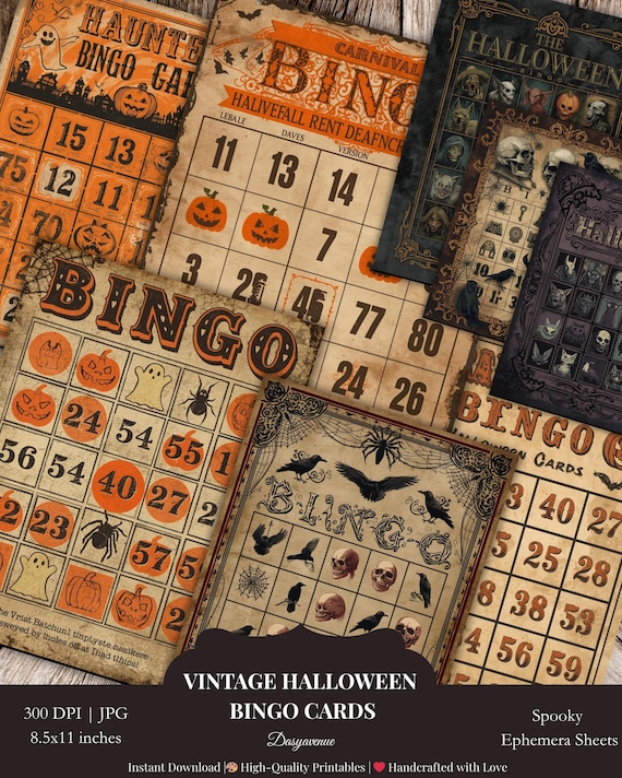 Halloween Bingo Cards Printable, Vintage Spooky Ephemera, Junk Journal Bingo Game, Gothic Halloween Paper, Digital Download