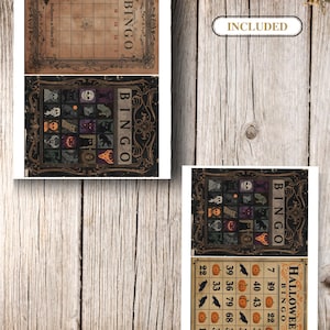 Puede incluir: Un conjunto de tarjetas de bingo de Halloween imprimibles con bordes de estilo vintage, fondos oscuros e ilustraciones de calaveras, calabazas y gatos negros. Las tarjetas incluyen etiquetas de texto como BINGO e INCLUDED.