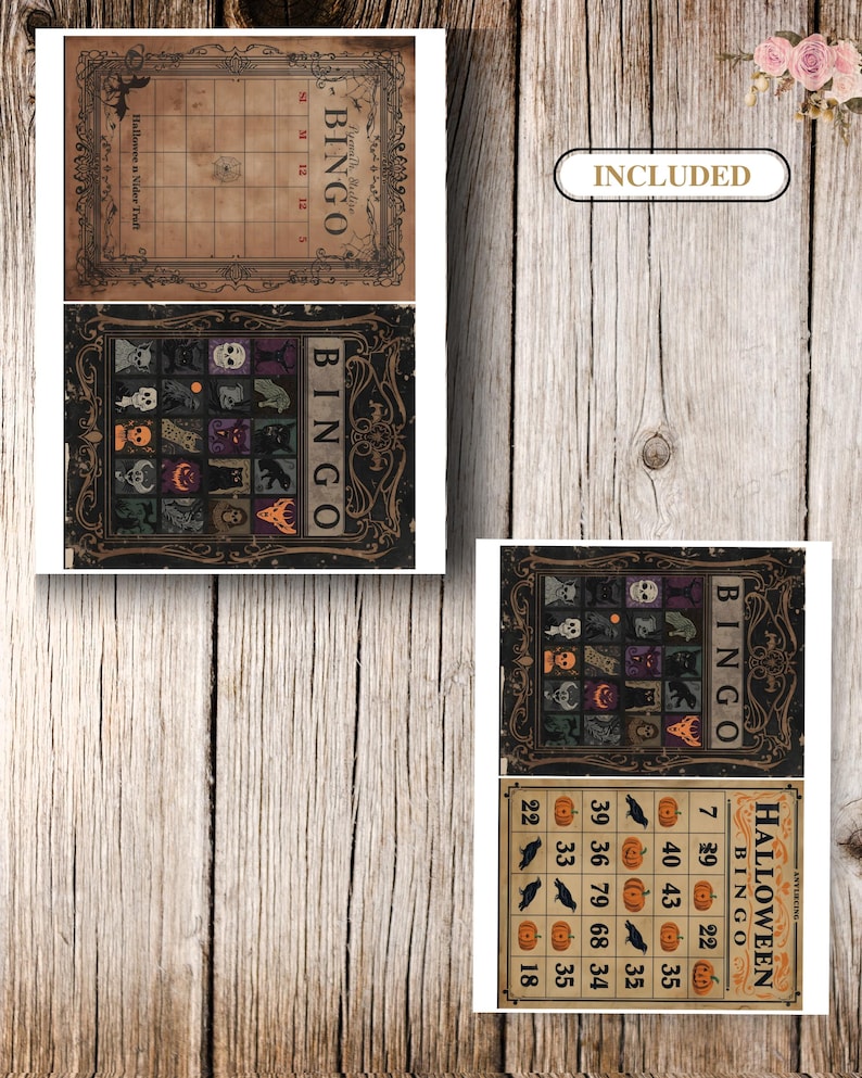 Puede incluir: Un conjunto de tarjetas de bingo de Halloween imprimibles con bordes de estilo vintage, fondos oscuros e ilustraciones de calaveras, calabazas y gatos negros. Las tarjetas incluyen etiquetas de texto como BINGO e INCLUDED.