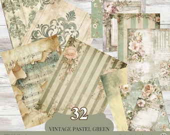 Vintage pastellgrönt skräpjournalset - 32 utskrivbara digitala papper för scrapbooking, collage, blandteknik och shabby chic-pysselprojekt
