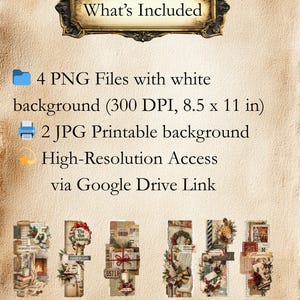 May include: A digital download graphic with the text "What's Included" above a list of included files and access details. Below are several Christmas-themed collage elements with festive decorations, text, and vintage paper textures. The Dasyavenue logo is at the bottom.
