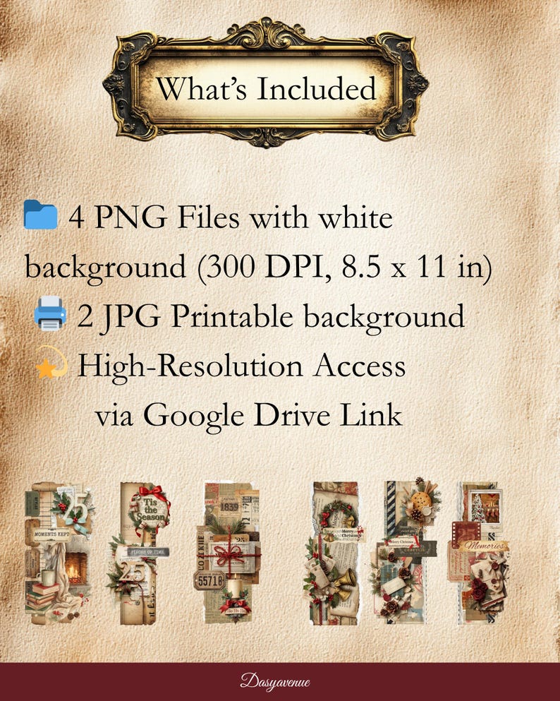 May include: A digital download graphic with the text "What's Included" above a list of included files and access details. Below are several Christmas-themed collage elements with festive decorations, text, and vintage paper textures. The Dasyavenue logo is at the bottom.