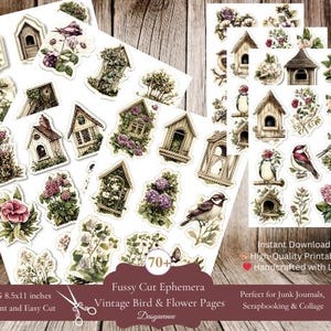 Fussy Cut Printable Ephemera, Cut Out Ephemera pack, Vintage Birds & Flowers Stickers | Junk Journal, Scrapbooking, Card Making, Collage PNG