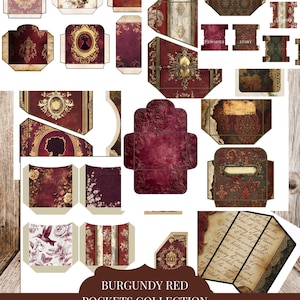 May include: A collection of burgundy red printable pockets with vintage ephemera designs. The collection includes various pocket shapes and sizes, with floral, silhouette, and ornate gold accents. The text "BURGUNDY RED POCKETS COLLECTION" is visible.