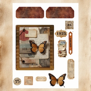Puede incluir: Un collage de elementos vintage con mariposas, sellos postales y papel envejecido. Incluye los textos "1925", "SHEWS.", "ANTIQUE SOUL" y "35". La paleta de colores es c&aacute;lida, con marrones, beiges y toques de naranja.