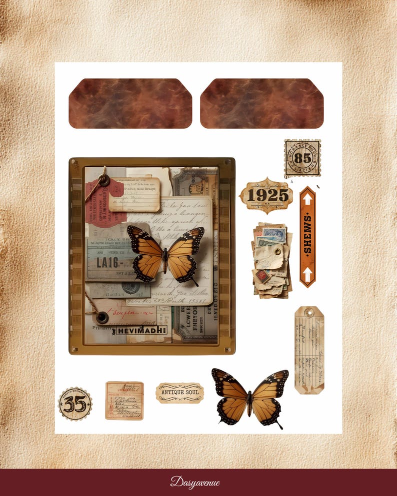 Puede incluir: Un collage de elementos vintage con mariposas, sellos postales y papel envejecido. Incluye los textos "1925", "SHEWS.", "ANTIQUE SOUL" y "35". La paleta de colores es c&aacute;lida, con marrones, beiges y toques de naranja.