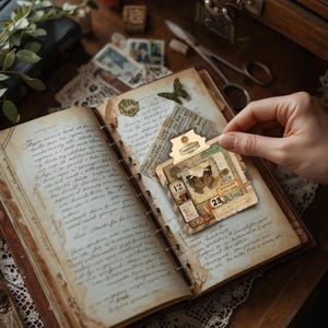 Puede incluir: Un diario vintage abierto con p&aacute;ginas de papel envejecido y escritura a mano. Una mano sostiene una etiqueta con im&aacute;genes de mariposas y sellos. La escena incluye un escritorio de madera, tijeras y otros objetos ef&iacute;meros.