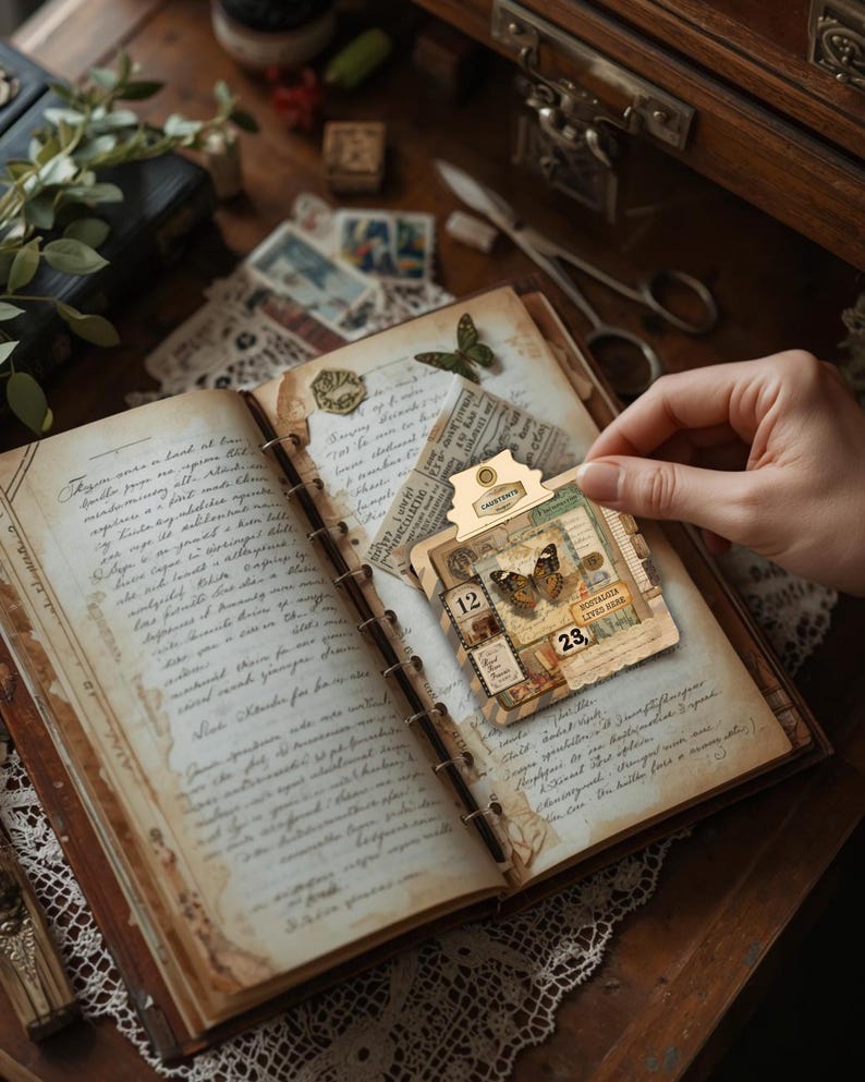 Puede incluir: Un diario vintage abierto con p&aacute;ginas de papel envejecido y escritura a mano. Una mano sostiene una etiqueta con im&aacute;genes de mariposas y sellos. La escena incluye un escritorio de madera, tijeras y otros objetos ef&iacute;meros.