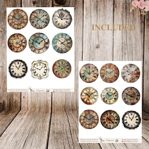 May include: Twelve vintage-style clock faces with Roman numeral markings, distressed paint, and intricate details. The clocks are arranged in two rows of six, on a white background. The word "INCLUDED" is written in large, bold letters on a woodgrain background.