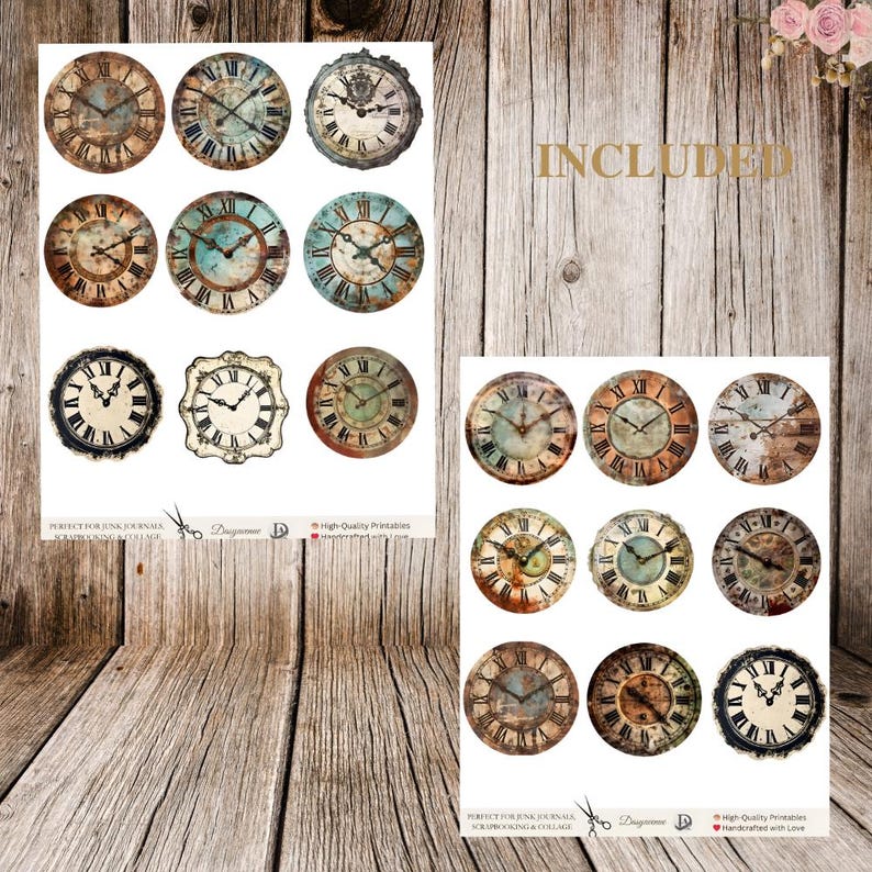 May include: Twelve vintage-style clock faces with Roman numeral markings, distressed paint, and intricate details. The clocks are arranged in two rows of six, on a white background. The word "INCLUDED" is written in large, bold letters on a woodgrain background.