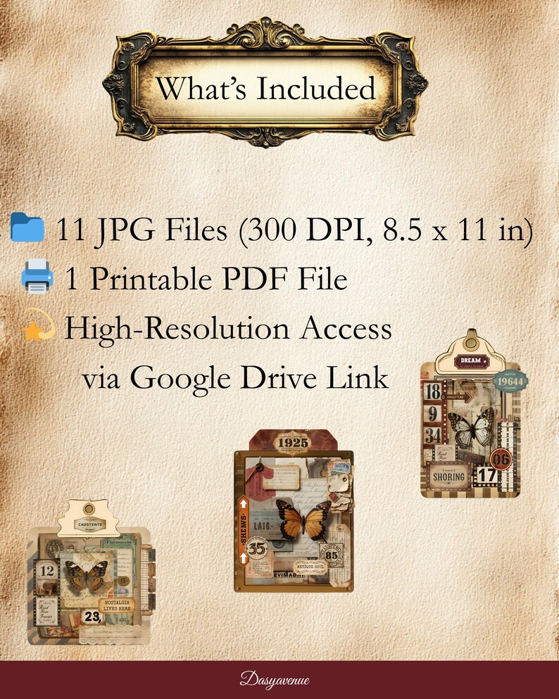 Puede incluir: Hoja de collage digital con ef&iacute;meras vintage, que incluyen mariposas, etiquetas y n&uacute;meros. La imagen incluye el texto "Qu&eacute; est&aacute; incluido" y detalles sobre los archivos, como 11 archivos JPG (21,59 x 27,94 cm) y un archivo PDF imprimible.