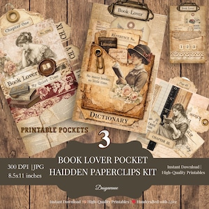 May include: A collection of vintage-style printable pockets and paperclips, featuring illustrations of women reading and antique book elements. The design includes tags, pockets, and paperclips with text like "Book Lover" and "Dictionary". The kit is 8.5x11 inches.