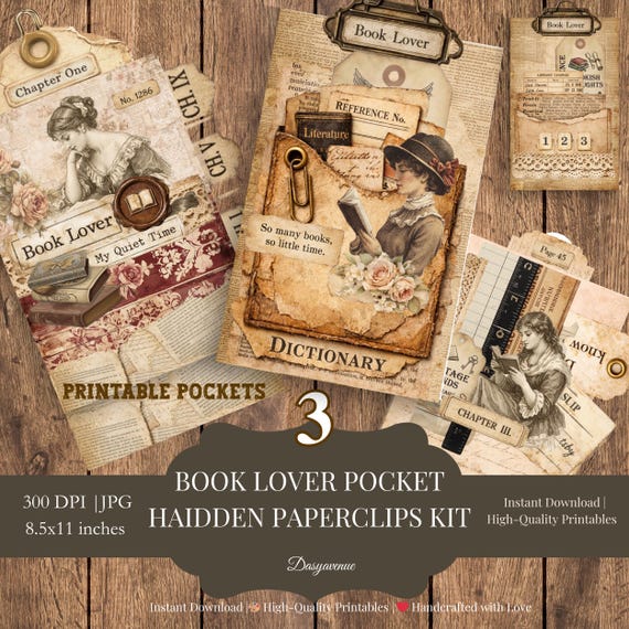 Book Lover Hidden Paperclip Pockets Printable, Vintage Library Ephemera, Junk Journal Pockets, Dark Academia Bookish Pages
