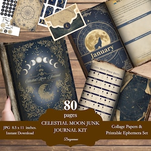 May include: A celestial moon junk journal kit with 80 pages, collage papers, and printable ephemera. The journal features a dark blue cover with gold floral and moon phase designs. Includes a January page with a wolf silhouette and moon phase dates.