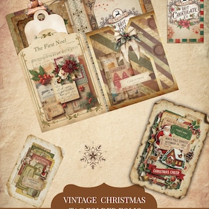 May include: Vintage Christmas tag folder folio with decorative tags, pockets, and ephemera. The design features a festive color palette with red, green, and cream tones. Includes the text "The First Noel" and "Hot Chocolate Co."