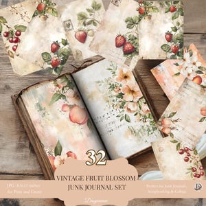 Ensemble de journaux vintage Fruit Junk - 32 pages imprimables avec des fraises, des cerises, des pêches, des fleurs éphémères pour le scrapbooking et le collage