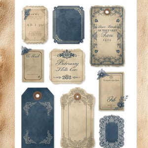 May include: A selection of vintage-style tags and labels in various shapes and sizes. The tags feature ornate floral and scrollwork designs in shades of blue and beige. Some tags include text such as "Included", "Dare Binde", and "Betroarry Melk On".